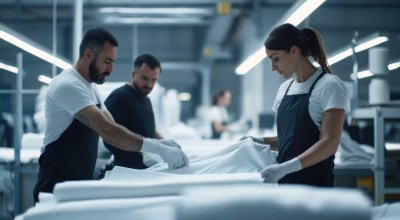 Factory Workers Folding White Fabric